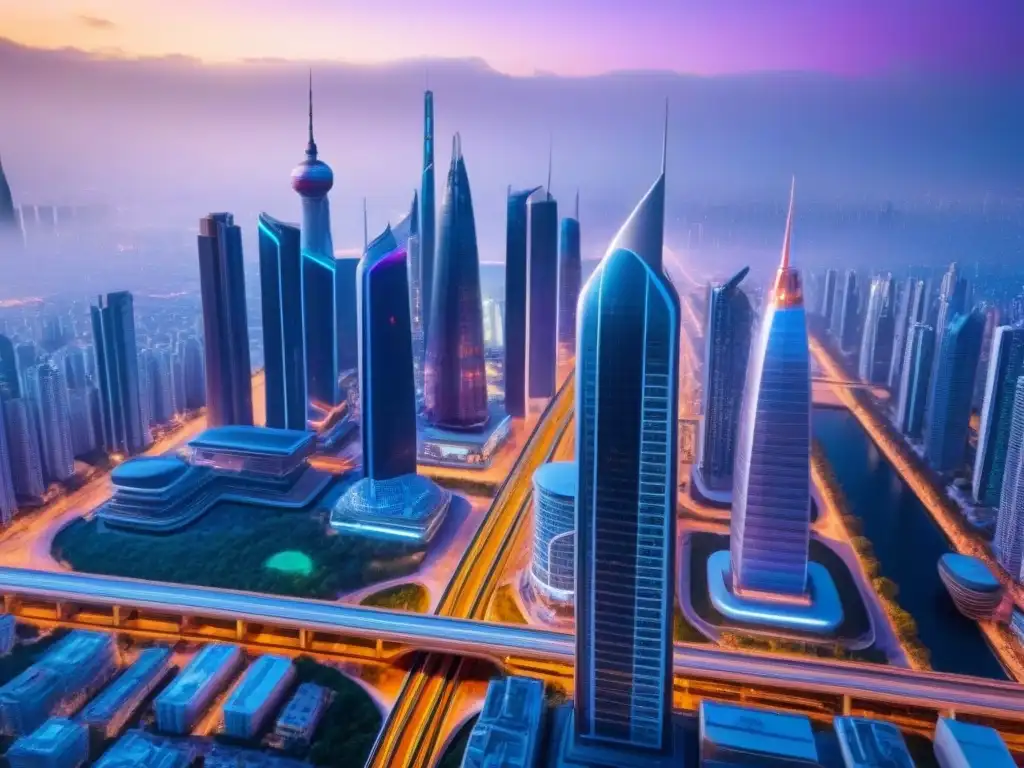 Metrópolis futurista: luces neon y arquitectura innovadora Vibrante ciudad futurista con rascacielos innovadores, luces neón y trenes de alta velocidad