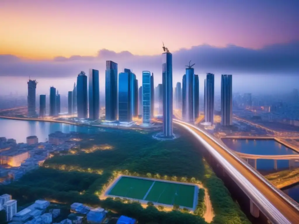Metrópolis futurista: progreso y modernidad en vivienda social emergente Vibrante ciudad futurista al anochecer con rascacielos iluminados y avanzados sistemas de transporte, representando las Políticas de vivienda social