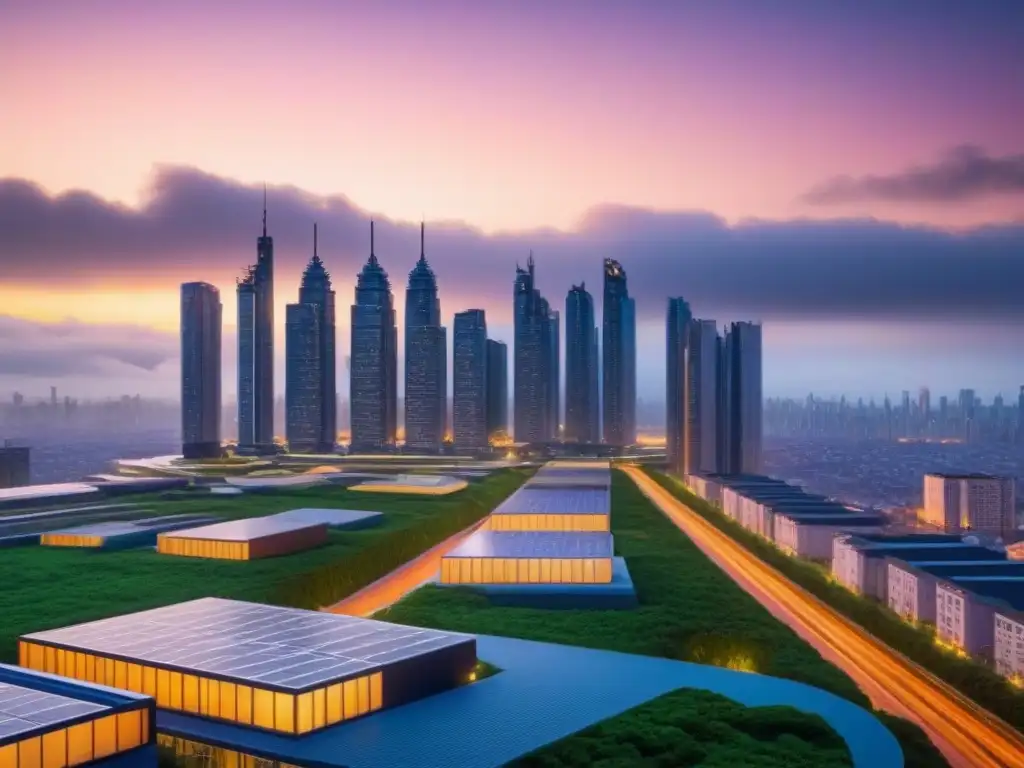 Metrópolis futurista: arquitectura sostenible en atardecer vibrante Vibrante ciudad futurista con rascacielos sostenibles y oportunidades inmobiliarias éticas