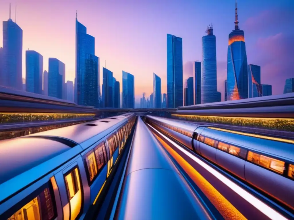 Metrópolis futurista al atardecer: rascacielos, luces neon y monorraíl Vibrante ciudad futurista al anochecer con rascacielos reflejando la luz del sol