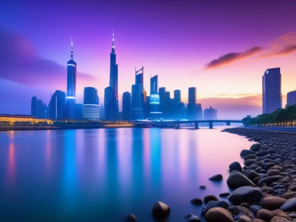 Horizonte urbano futurista: luces neón sobre río en crepúsculo Vibrante ciudad futurista al anochecer, con rascacielos iluminados por luces de neón sobre un río tranquilo