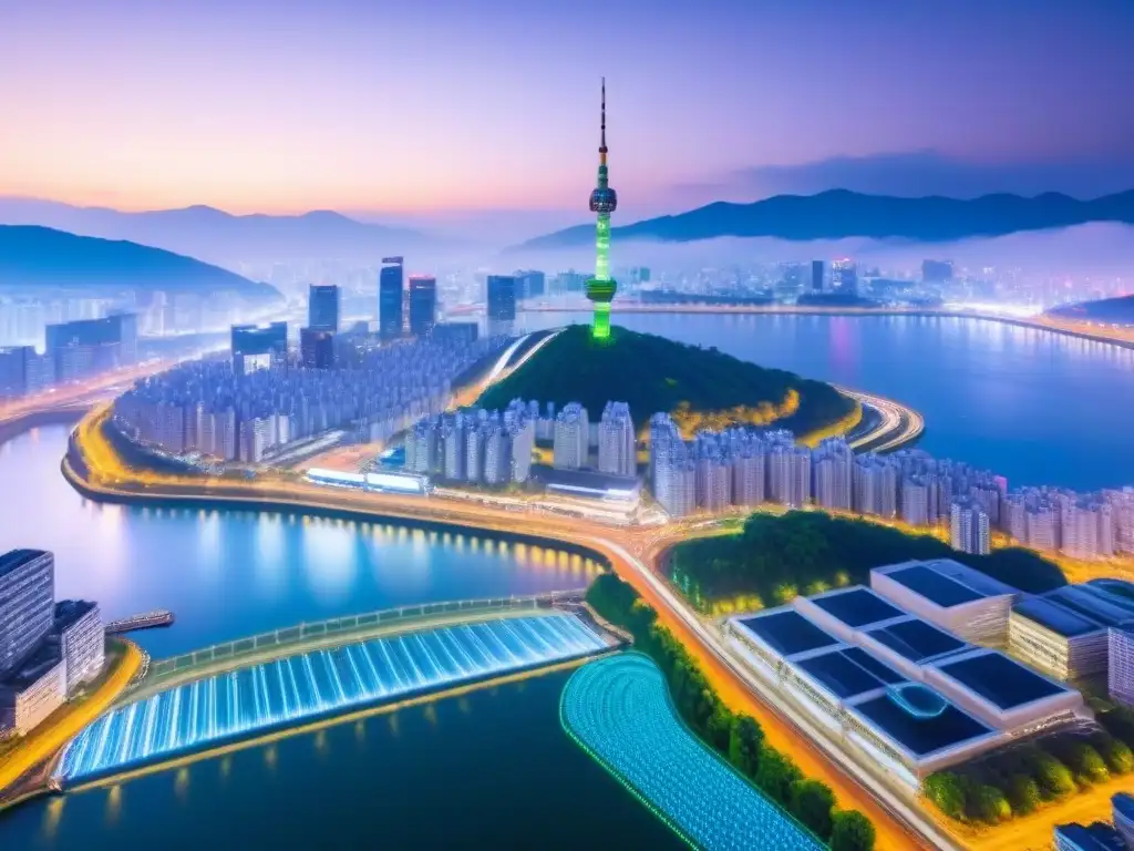Horizonte futurista de Seúl al anochecer Vibrante ciudad futurista de Seúl al anochecer, con rascacielos iluminados y la icónica Torre N Seoul brillando en el horizonte, reflejando la fusión de arquitectura tradicional y moderna