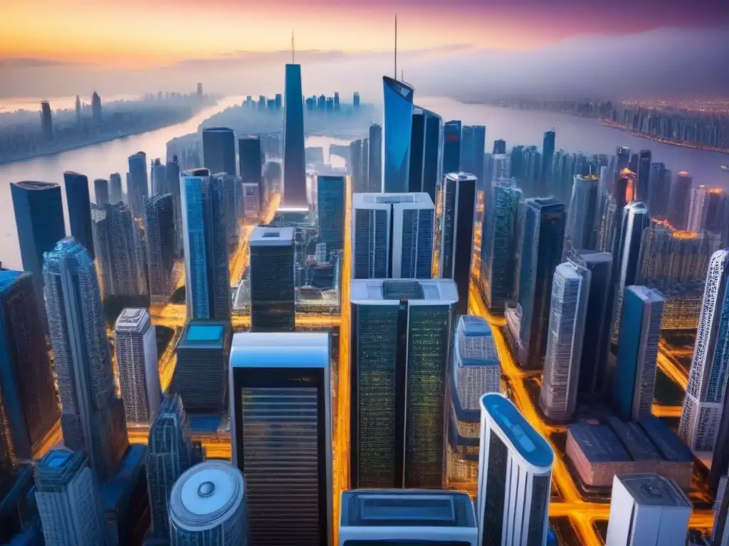 Vibrante ciudad futurista: Inversión inmobiliaria internacional Vibrante ciudad futurista con rascacielos, transporte avanzado y multitud diversa, reflejando la inversión en mercado inmobiliario emergente