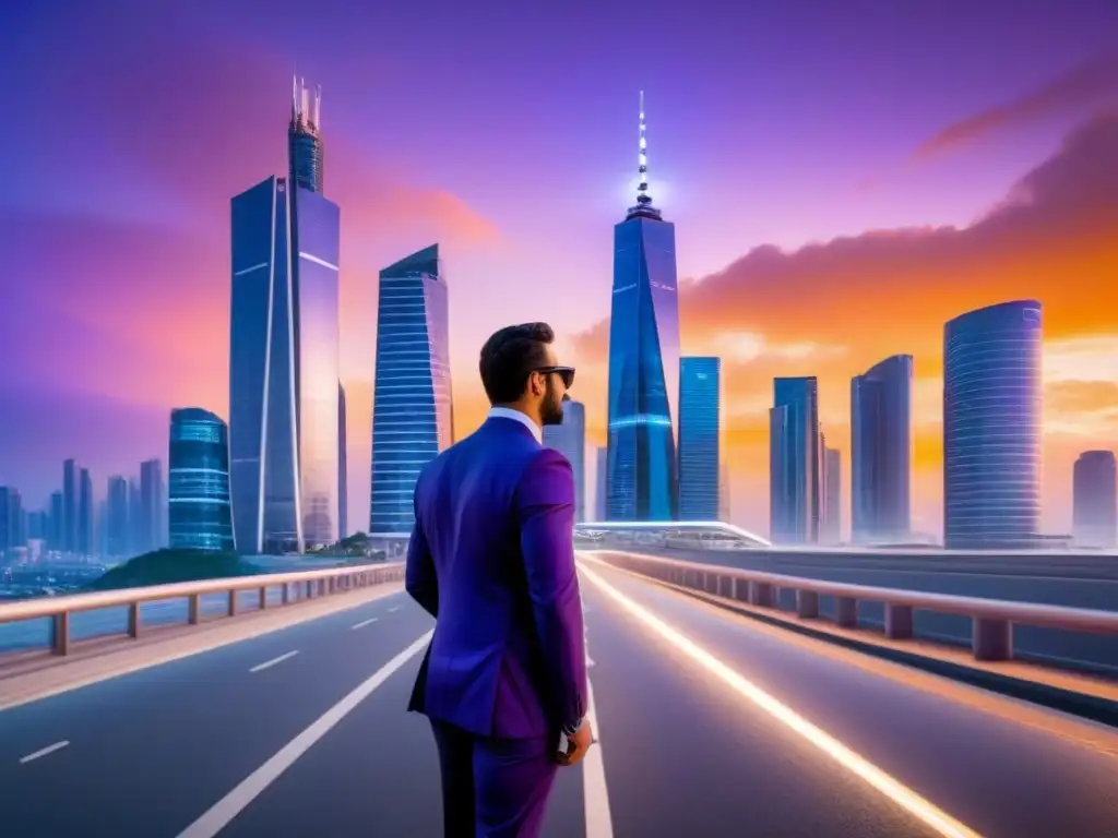 Metrópolis futurista: innovación y progreso en riesgos inmobiliarios emergentes Una vibrante ciudad futurista al anochecer con rascacielos relucientes en un cielo naranja y morado