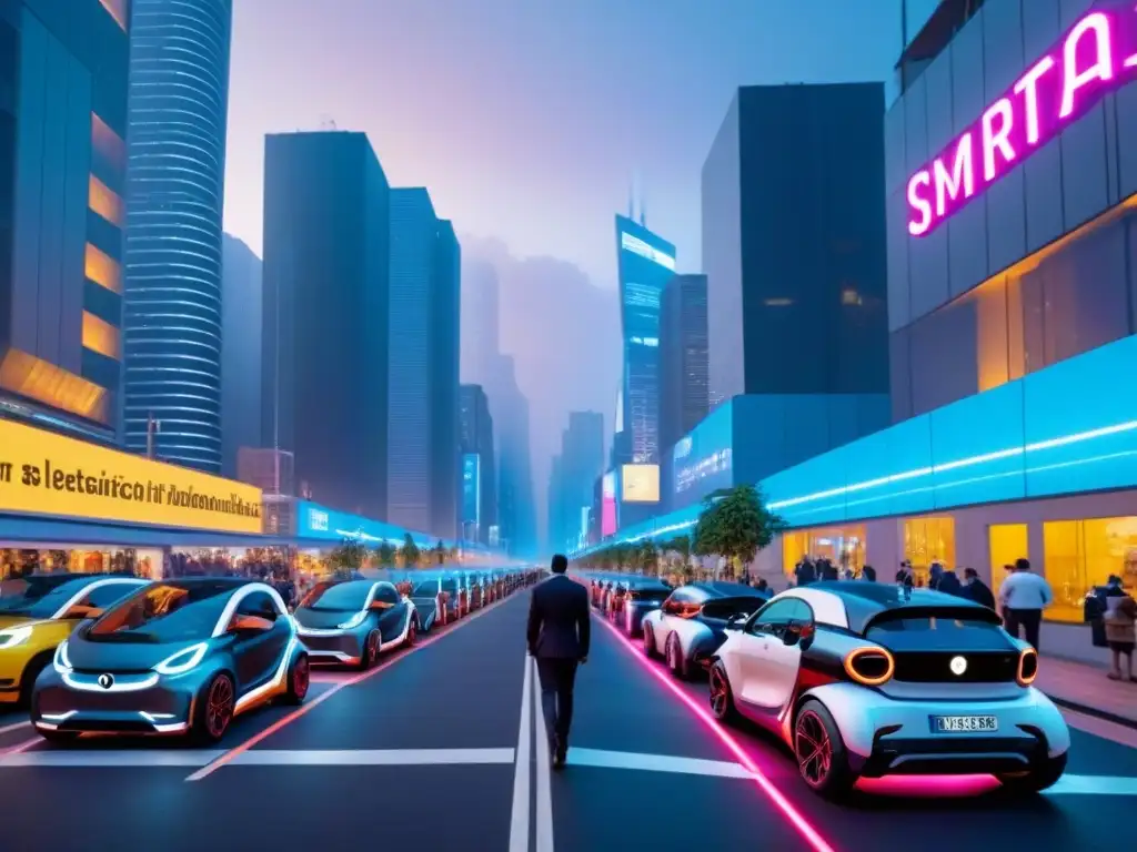Metrópolis futurista: luces neón y sostenibilidad urbana Vibrante ciudad futurista al anochecer con rascacielos iluminados y vehículos autónomos