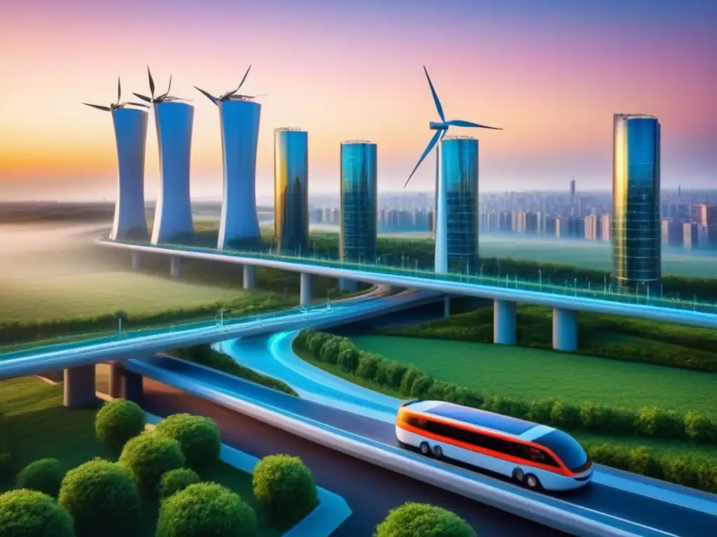 Metrópolis futurista sostenible: innovación y conciencia ambiental Vibrante ciudad futurista con rascacielos sostenibles de vidrio y vegetación, paneles solares y turbinas eólicas, vehículos eléctricos en calles transparentes