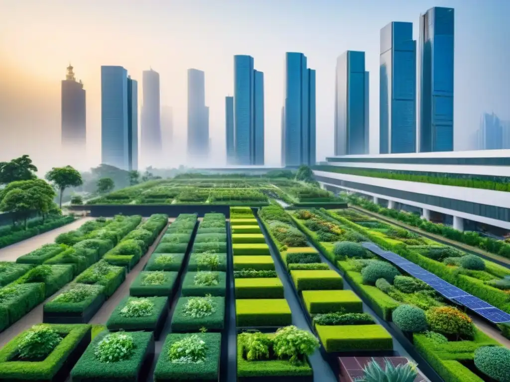 Metrópolis sustentable: arquitectura futurista y naturaleza en armonía Vibrante ciudad futurista con rascacielos y espacios verdes, simbolizando la economía circular en la inversión inmobiliaria internacional