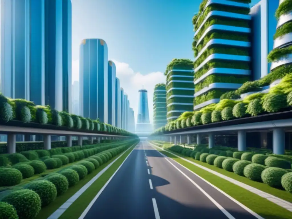 Metrópolis sostenible del futuro: rascacielos verdes y vehículos eléctricos Vibrante ciudad futurista con rascacielos verdes y vehículos eléctricos, representando inversiones inmobiliarias sostenibles internacionales
