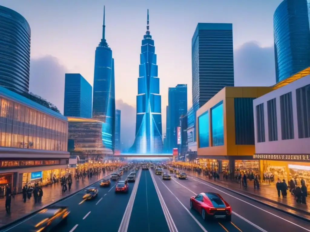 Metrópolis futurista: innovación urbana y tecnológica al anochecer Vibrante ciudad futurista al anochecer, con rascacielos innovadores y calles llenas de vida