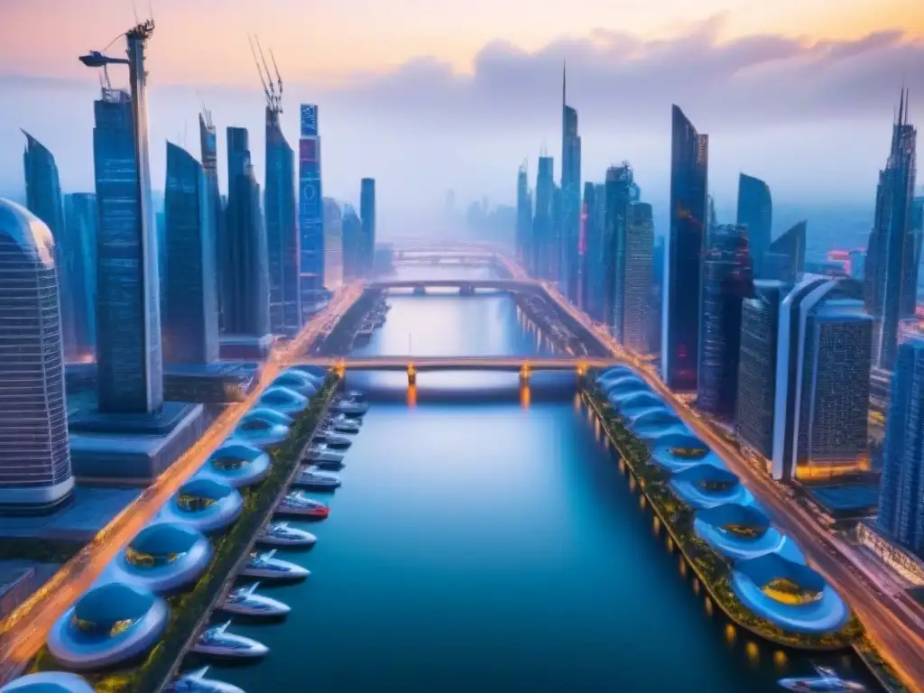 Metrópolis futurista: innovación urbana y real estate Vibrante ciudad futurista con rascacielos y drones, reflejo de políticas de zonificación e inversión inmobiliaria