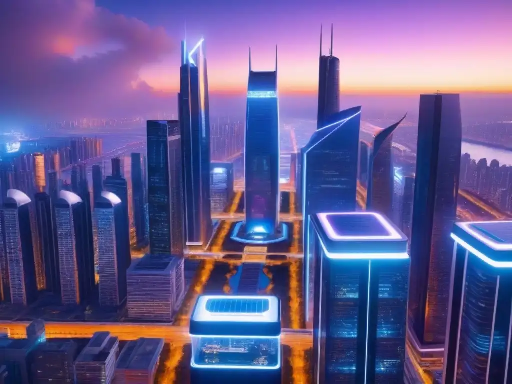 Vibrante ciudad futurista con rascacielos de cristal, vehículos voladores y luces de neón, fusionando alta tecnología e innovación arquitectónica