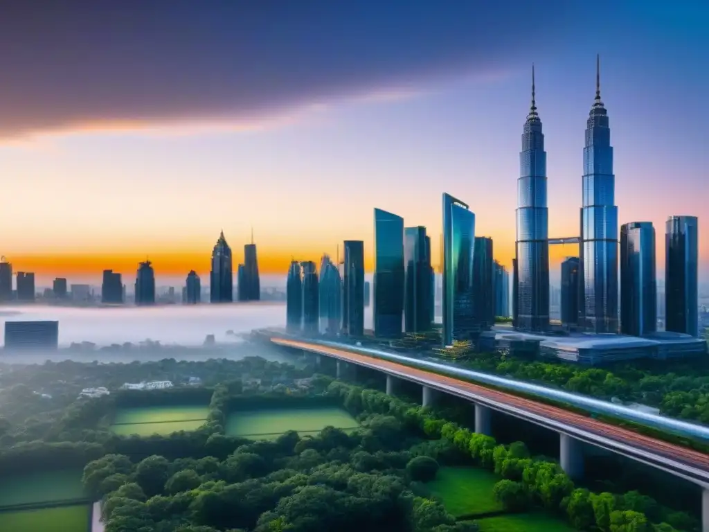 Metrópolis futurista: ciudad próspera y sostenible en 8k Vibrante ciudad futurista con rascacielos modernos reflejando el atardecer, mostrando políticas de zonificación e inversión inmobiliaria