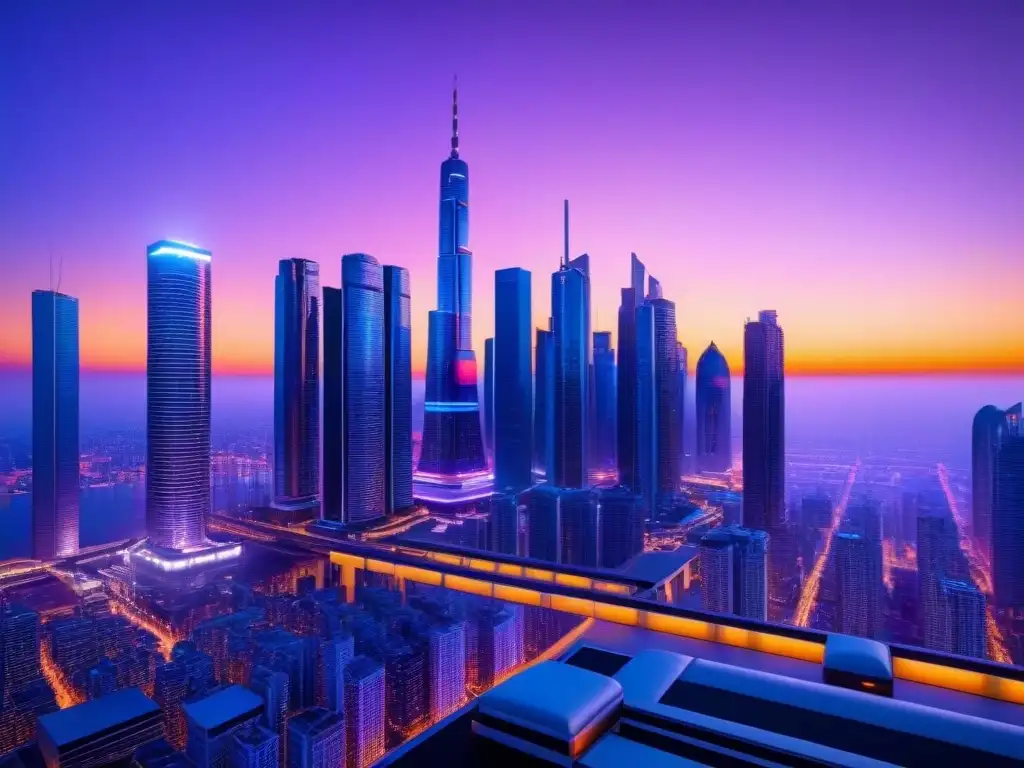 Metrópolis futurista: atardecer en ciudad ultramoderna Vibrante ciudad futurista con rascacielos interconectados por pasarelas brillantes, iluminada por neones al atardecer