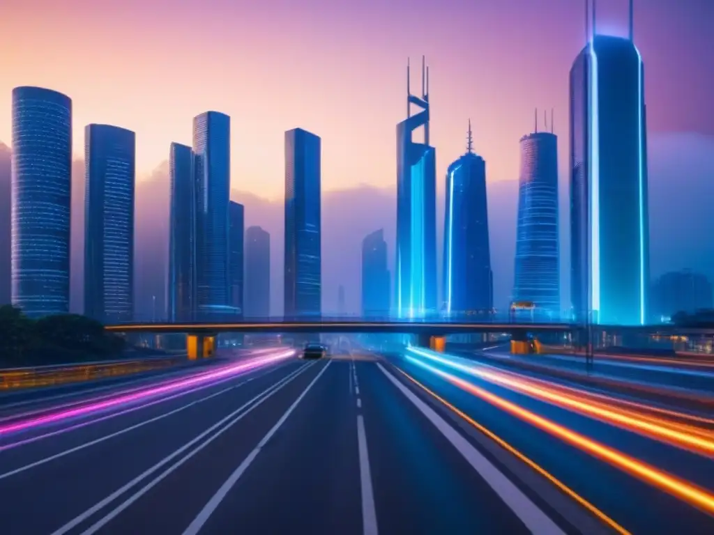 Metrópolis futurista 8k: luces neón y progreso Vibrante ciudad futurista al anochecer, destaca rascacielos, autos y luces de neón
