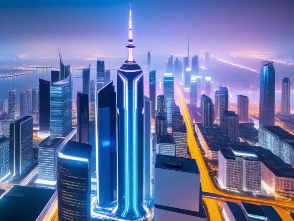 Futurista ciudad nocturna: rascacielos de neón Vibrante ciudad futurista de rascacielos con luces neón, autos voladores y tecnología avanzada, PropTech revolucionando inversiones inmobiliarias