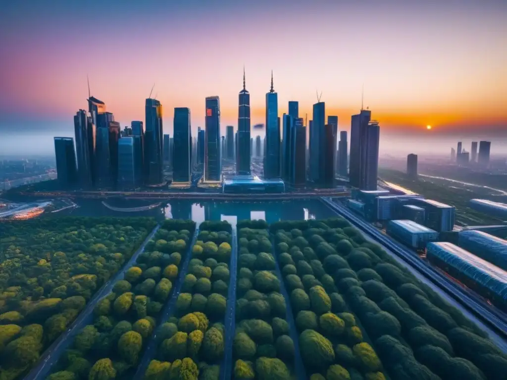Metrópolis futurista al atardecer: símbolo de prosperidad y modernidad Vibrante ciudad futurista con rascacielos reflejando el sol, calles bulliciosas e inversiones inmobiliarias en los mejores nichos