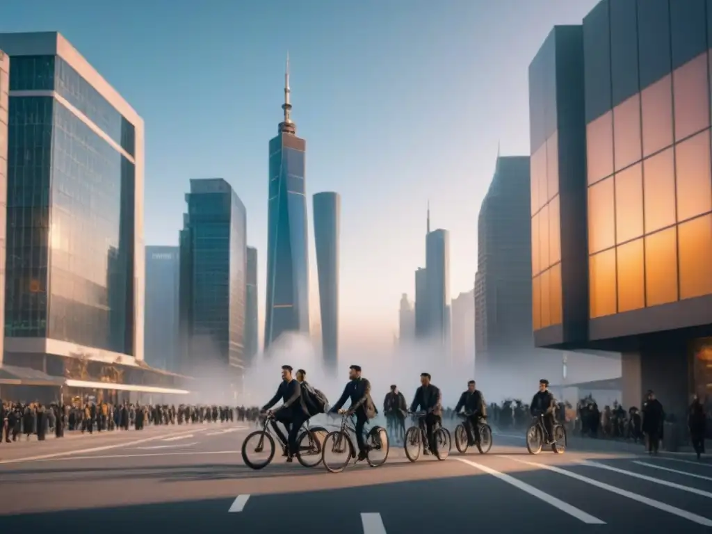 Metrópolis futurista al atardecer: vibrante vida urbana Vibrante ciudad futurista al anochecer, con rascacielos iluminados y jóvenes profesionales en bulliciosa calle