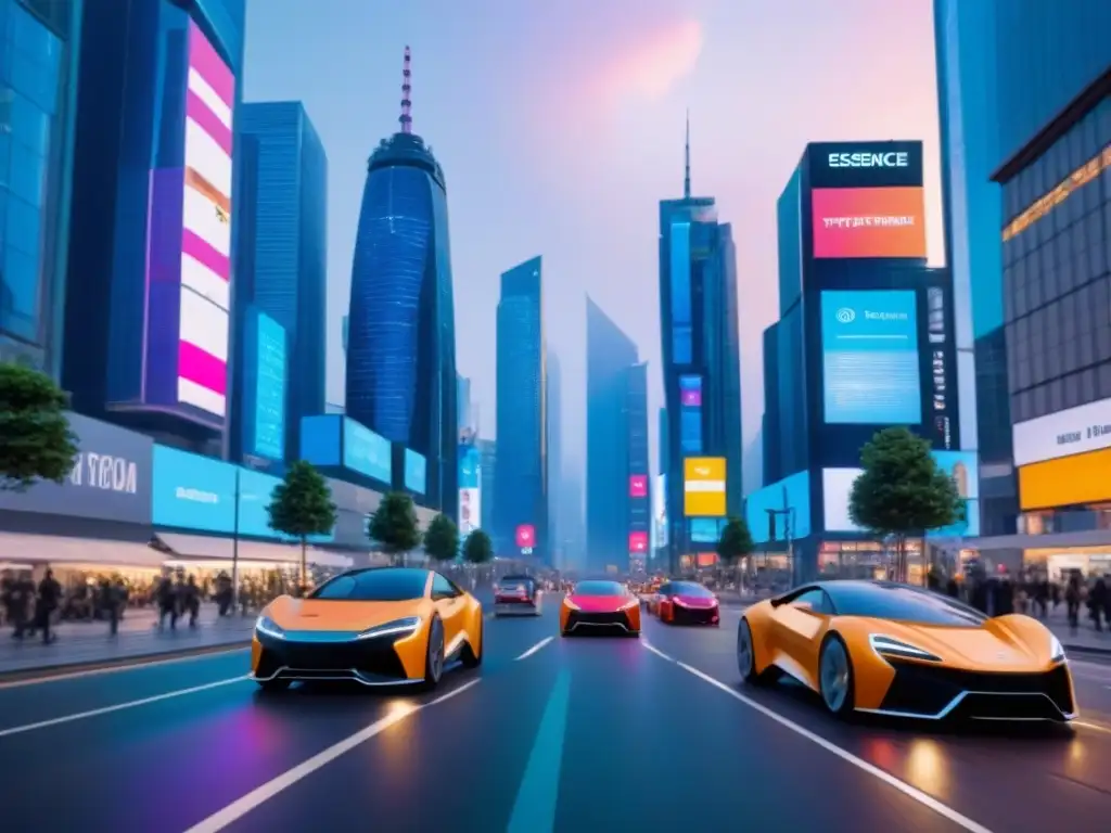 Futurismo urbano: ciudad tecnológica y sostenible al atardecer Vibrante ciudad futurista al anochecer con rascacielos iluminados y tecnología avanzada