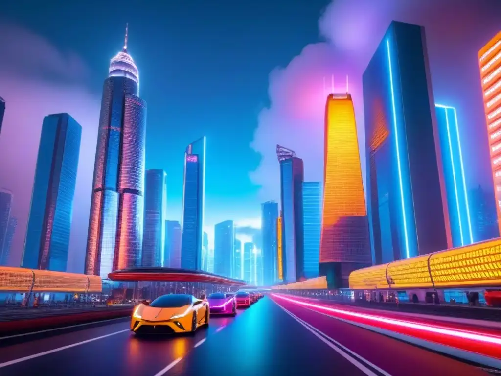 Futurista ciudad 8k: Rascacielos, luces neón y tecnología avanzada Vibrante ciudad futurista con rascacielos relucientes y transporte de alta tecnología