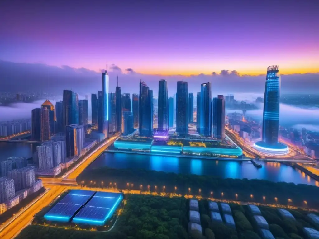 Skyline futurista con tecnología avanzada y luces neón brillantes Vibrante ciudad futurista con rascacielos integrados con tecnología avanzada y luces neón, simbolizando las Inversiones PropTech post pandemia