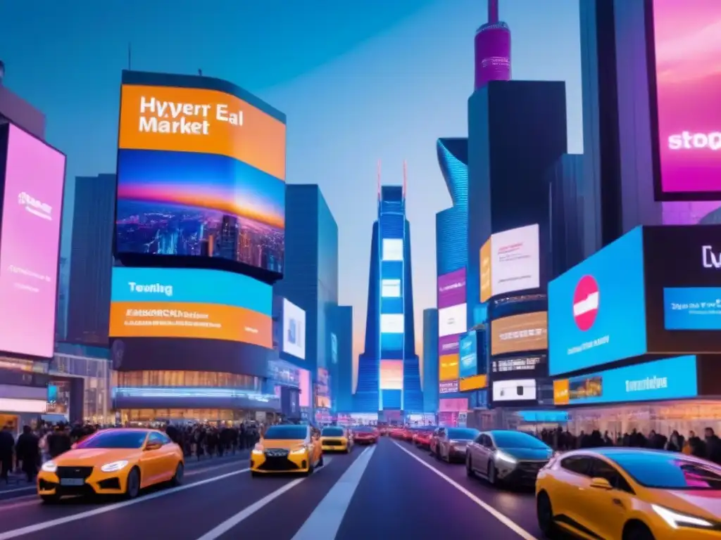 Metrópolis futurista: luces neón en atardecer urbano Vibrante ciudad futurista al anochecer con rascacielos reflectantes, luces neón y ambiente innovador en el mercado inmobiliario
