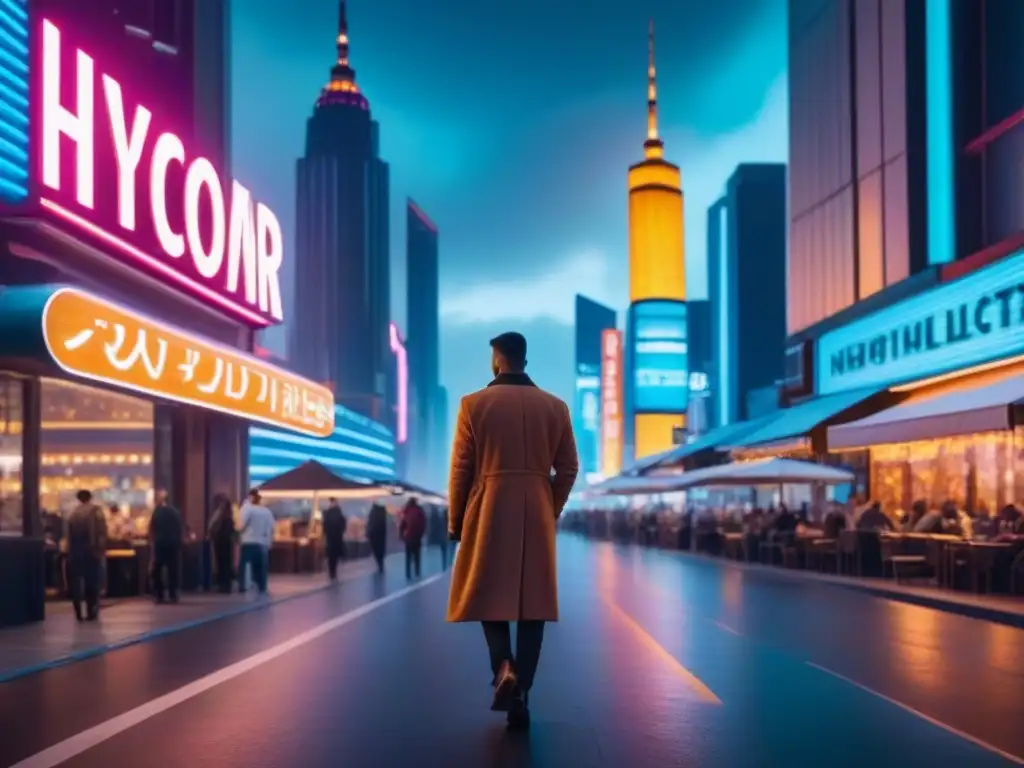 Metrópolis futurista al anochecer: inversión inmobiliaria del mañana Vibrante ciudad futurista al anochecer con rascacielos iluminados por luces de neón