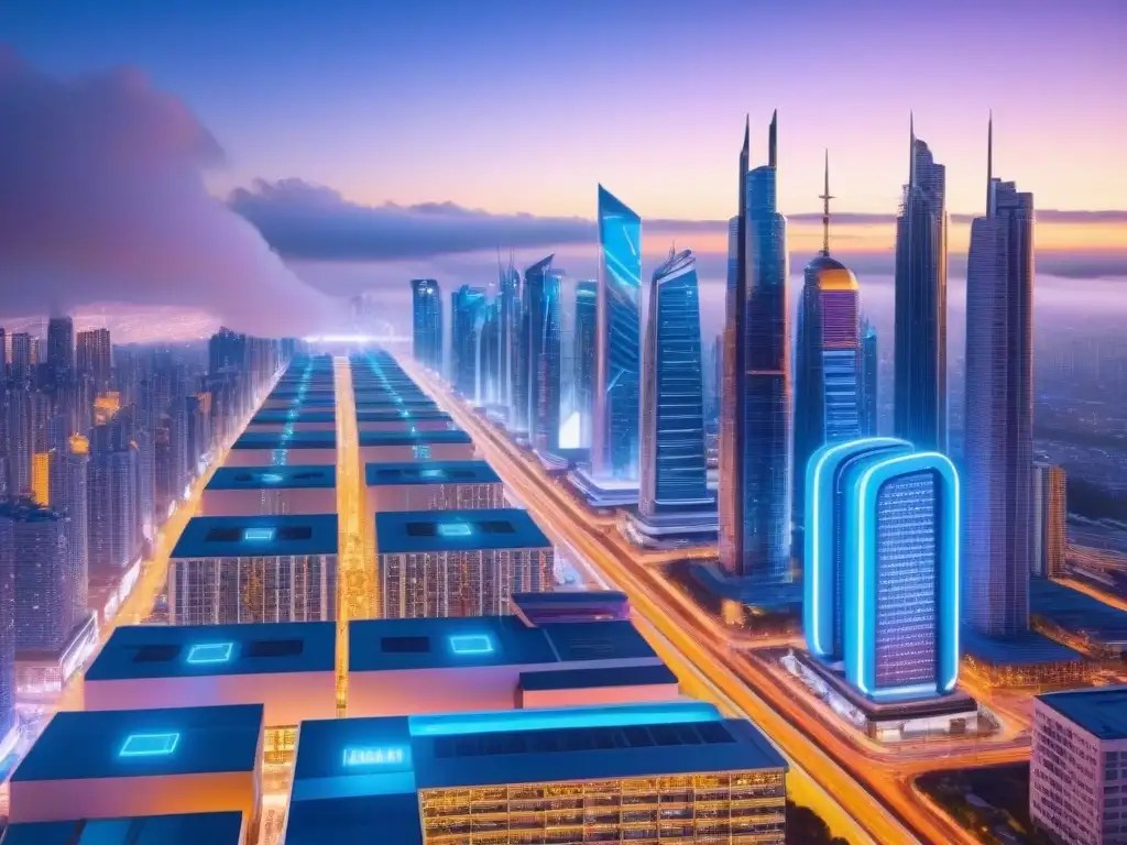 Metrópolis futurista: luces neón y rascacielos tecnológicos al atardecer Vibrante ciudad futurista al anochecer, con rascacielos y edificios tecnológicos iluminados por luces neón