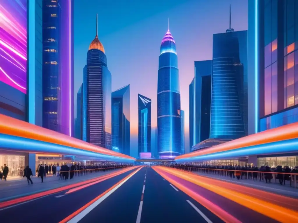 Metrópolis del futuro: arquitectura innovadora y tecnología de vanguardia en la inversión inmobiliaria Vibrante ciudad futurista al anochecer con rascacielos iluminados y tecnología avanzada