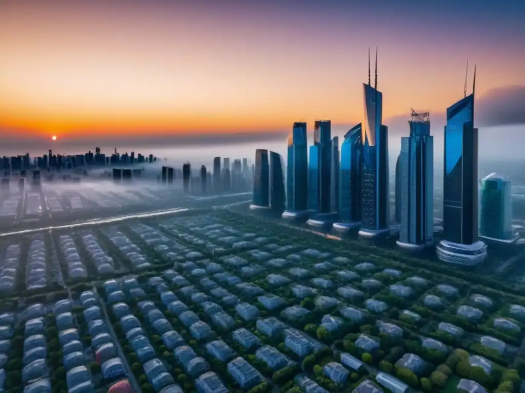 Cityscape futurista: rascacielos de vanguardia en atardecer Vibrante ciudad futurista con rascacielos reflectantes al atardecer