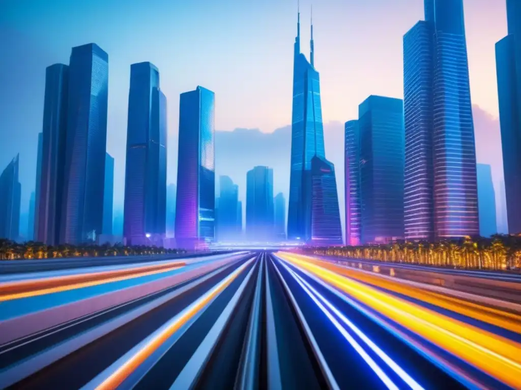 Metrópolis futurista: rascacielos, autos voladores y luces neón Vibrante ciudad futurista con rascacielos innovadores y transporte avanzado, iluminada por luces neón