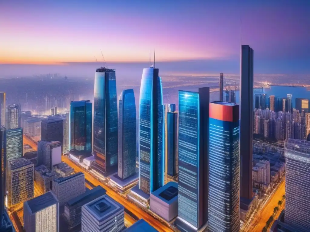 Metrópolis futurista: luces neón y automatización inmobiliaria Vibrante ciudad futurista con rascacielos iluminados por luces neón, reflejándose en edificio de vidrio