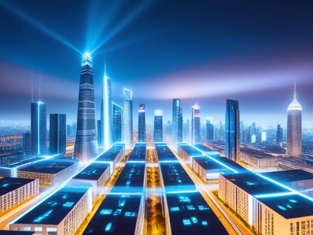 Metrópolis futurista: Big Data revoluciona inversiones inmobiliarias Vibrante ciudad futurista con rascacielos interconectados y datos fluyendo, reflejando estrategias inversión mercado inmobiliario internacional