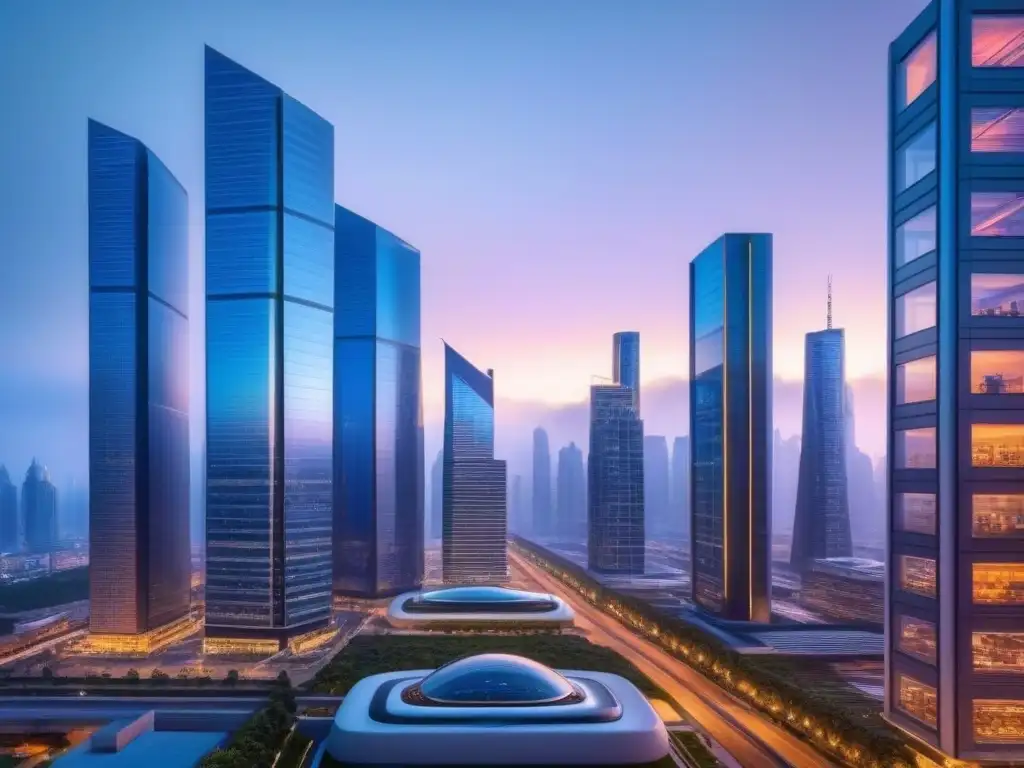 Futurismo inmobiliario: ciudad innovadora al anochecer Vibrante ciudad futurista al anochecer con rascacielos iluminados, vehículos autónomos y hologramas de propiedades inmobiliarias