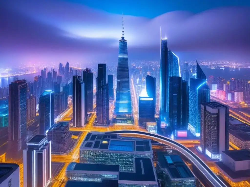 Metrópolis futurista: cielo de neón y arquitectura innovadora Vibrante ciudad futurista con rascacielos interconectados y luces neón, reflejando las tendencias mercado inmobiliario global