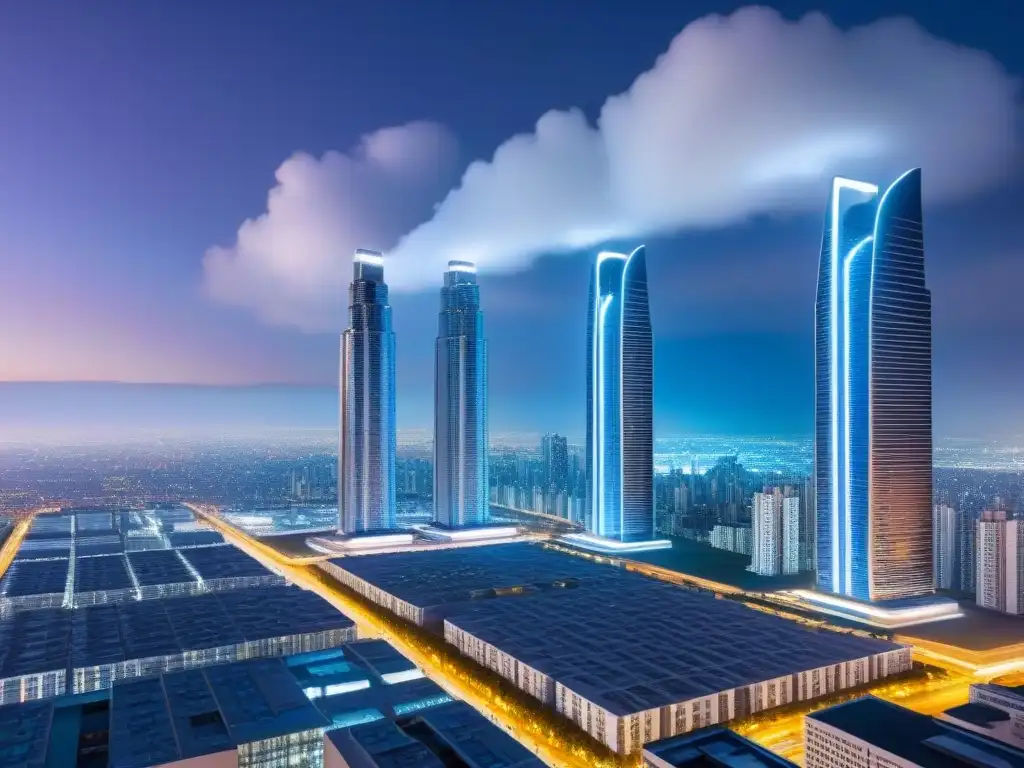Metropolis futurista: rascacielos adaptables con tecnología avanzada Vibrante ciudad futurista con rascacielos adaptables que reflejan estrategias de inversión en el mercado inmobiliario