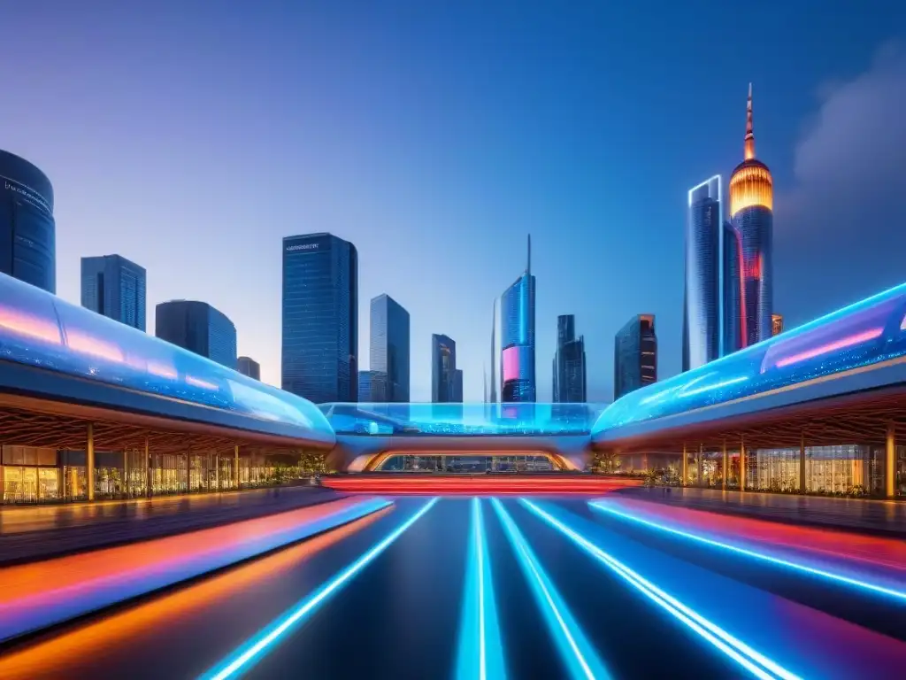 Metrópolis futurista: innovación y conectividad en 8k Vibrante ciudad futurista al anochecer, con rascacielos iluminados y tecnología avanzada