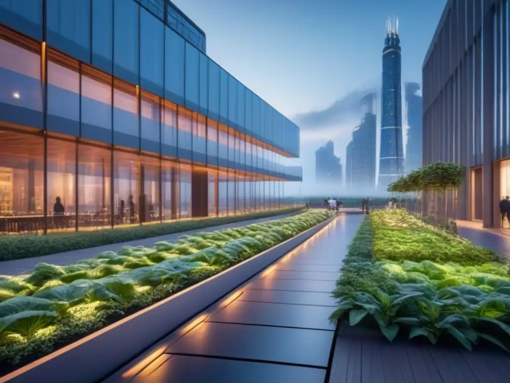Metrópolis futurista: arquitectura sostenible y naturaleza integradas Vibrante ciudad futurista al anochecer con rascacielos sostenibles y tecnología verde