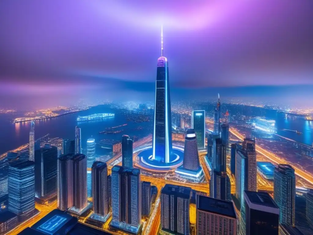 Metrópolis futurista: tecnología innovadora en transacciones M&A Vibrante ciudad futurista con rascacielos de cristal y luces neón, reflejando innovación en M&A inmobiliarias internacionales