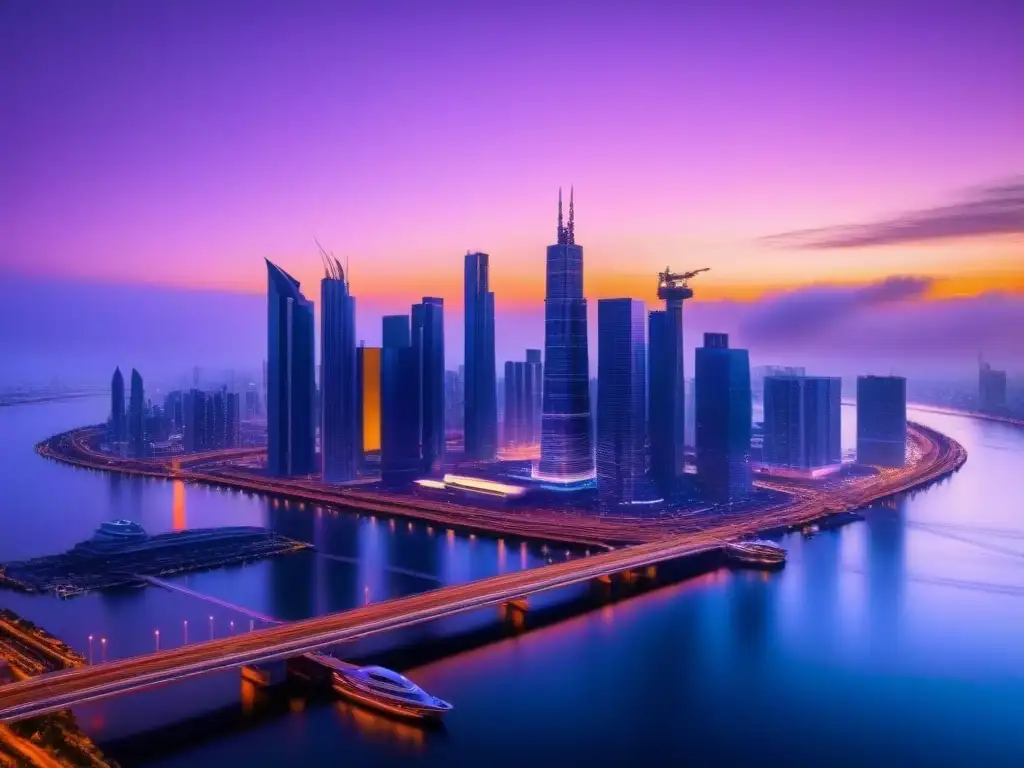 Horizonte futurista: metrópolis neón al atardecer Vibrante ciudad futurista al anochecer, con rascacielos iluminados por luces neón, reflejándose en un río tranquilo