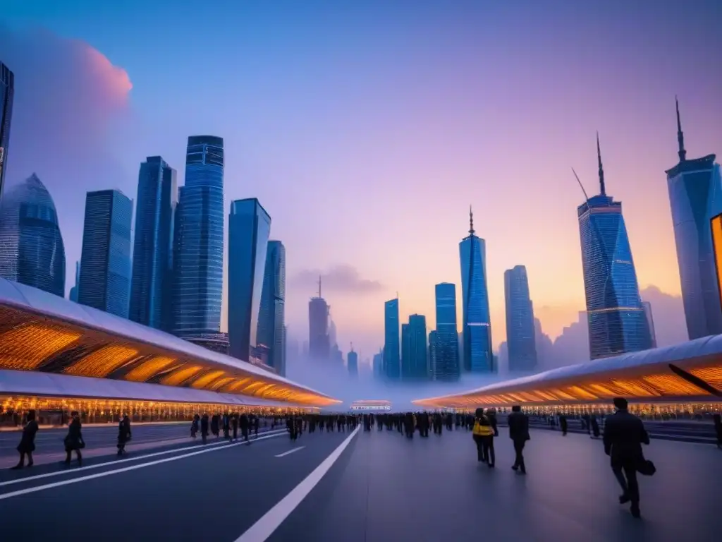 Ciudad futurista: rascacielos innovadores y diversidad étnica Vibrante ciudad futurista al anochecer, con rascacielos innovadores y luces brillantes