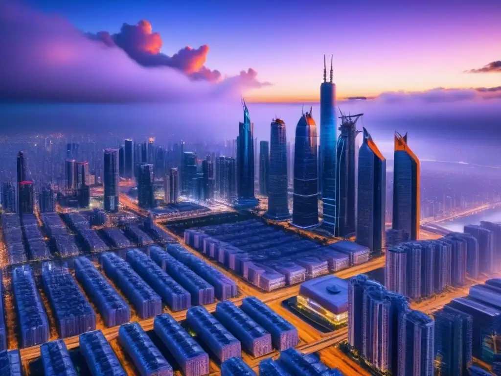 Metrópolis futurista: skyline ultradetallado 8k en atardecer Vibrante ciudad futurista al anochecer con rascacielos iluminados por luces neón