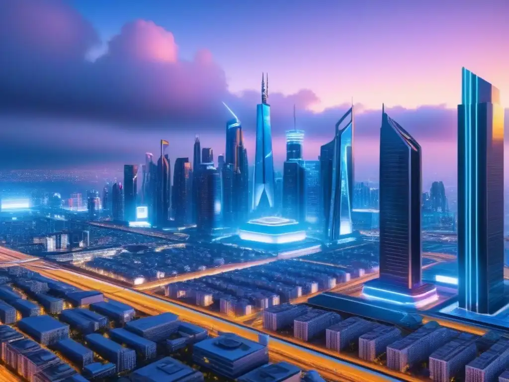 Metrópolis futurista: ciudad 8k de vidrio y acero con transporte innovador Vibrante ciudad futurista con rascacielos de vidrio y acero, transporte innovador y luces de neón