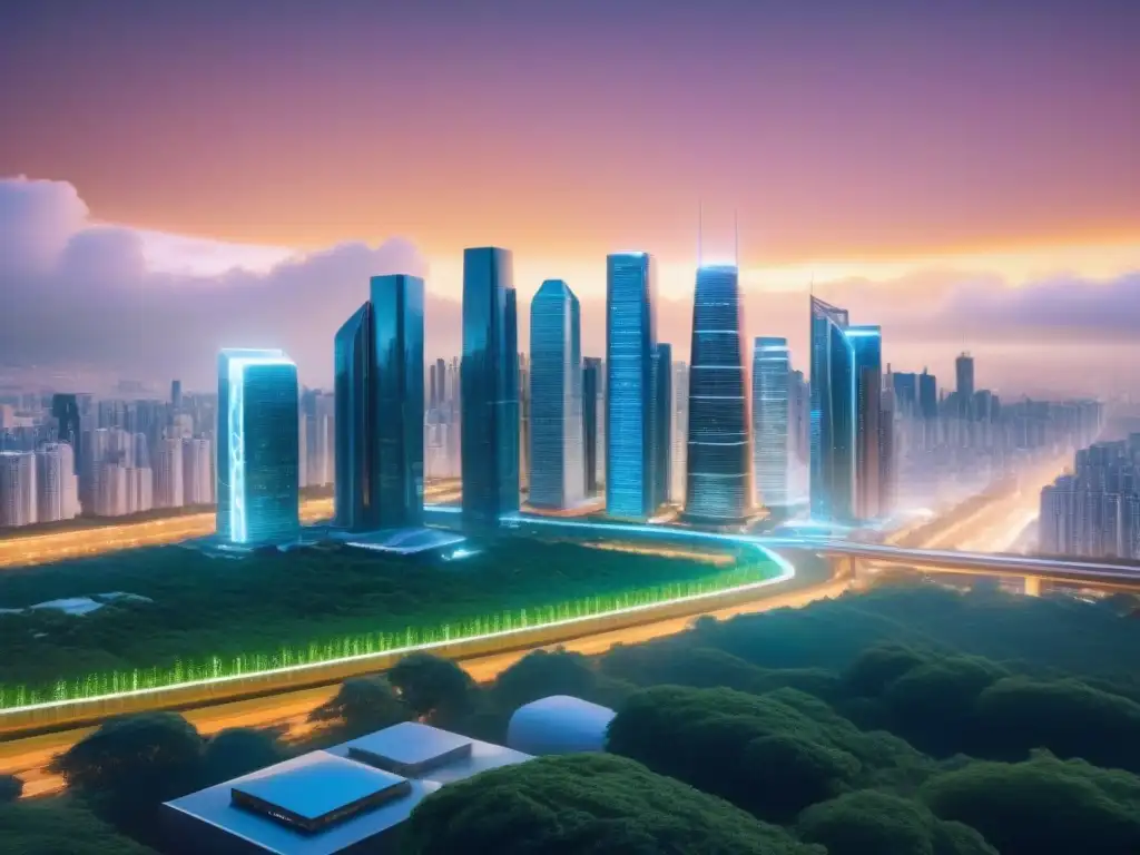 Revolution inmobiliaria: Futurista ciudad inteligente 8k Vibrante ciudad futurista con rascacielos y código brillante
