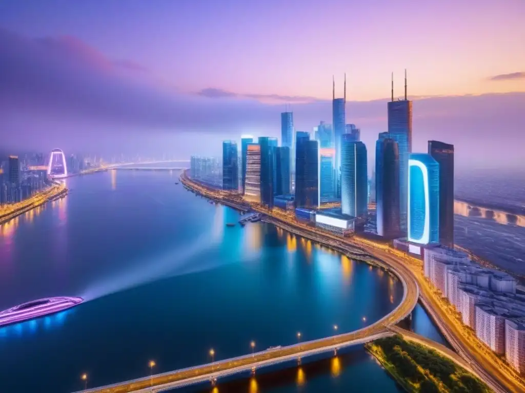 Ciudad futurista: luces neón y drones en skyline global Vibrante ciudad futurista al anochecer con rascacielos iluminados por luces neón, drones y vehículos avanzados