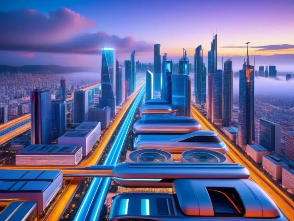 Metrópolis futurista: ciudad 8k con rascacielos y tecnología avanzada Vibrante ciudad futurista con rascacielos, autos voladores y monorraíles, iluminada por luces de neón y pantallas digitales