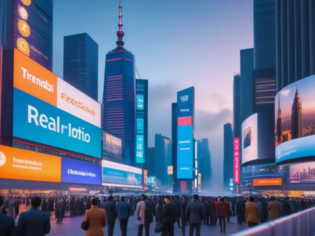 Metrópolis futurista en crepúsculo: dinamismo financiero global Vibrante ciudad futurista al anochecer con rascacielos iluminados y carteles digitales de intercambio de divisas en tiempo real