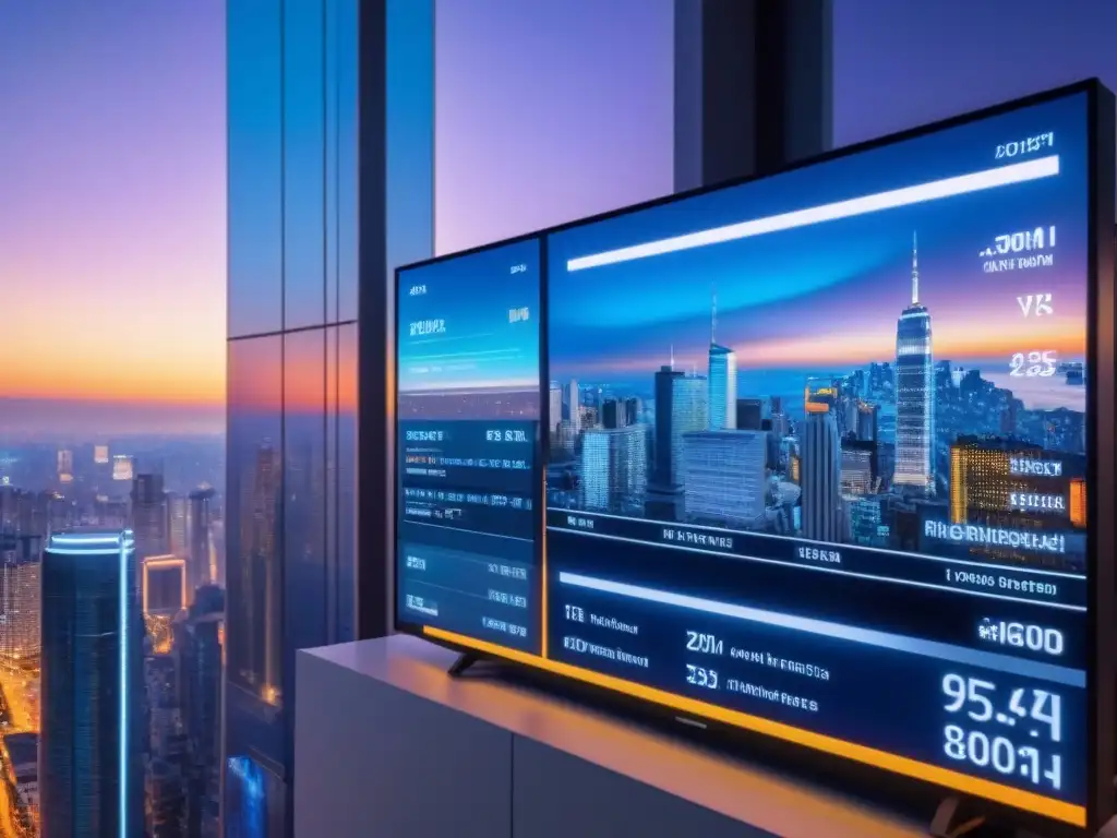 Metrópolis futurista con intercambio de divisas en tiempo real Vibrante ciudad futurista con rascacielos y pantallas digitales mostrando el impacto de las fluctuaciones del dólar en inversiones inmobiliarias