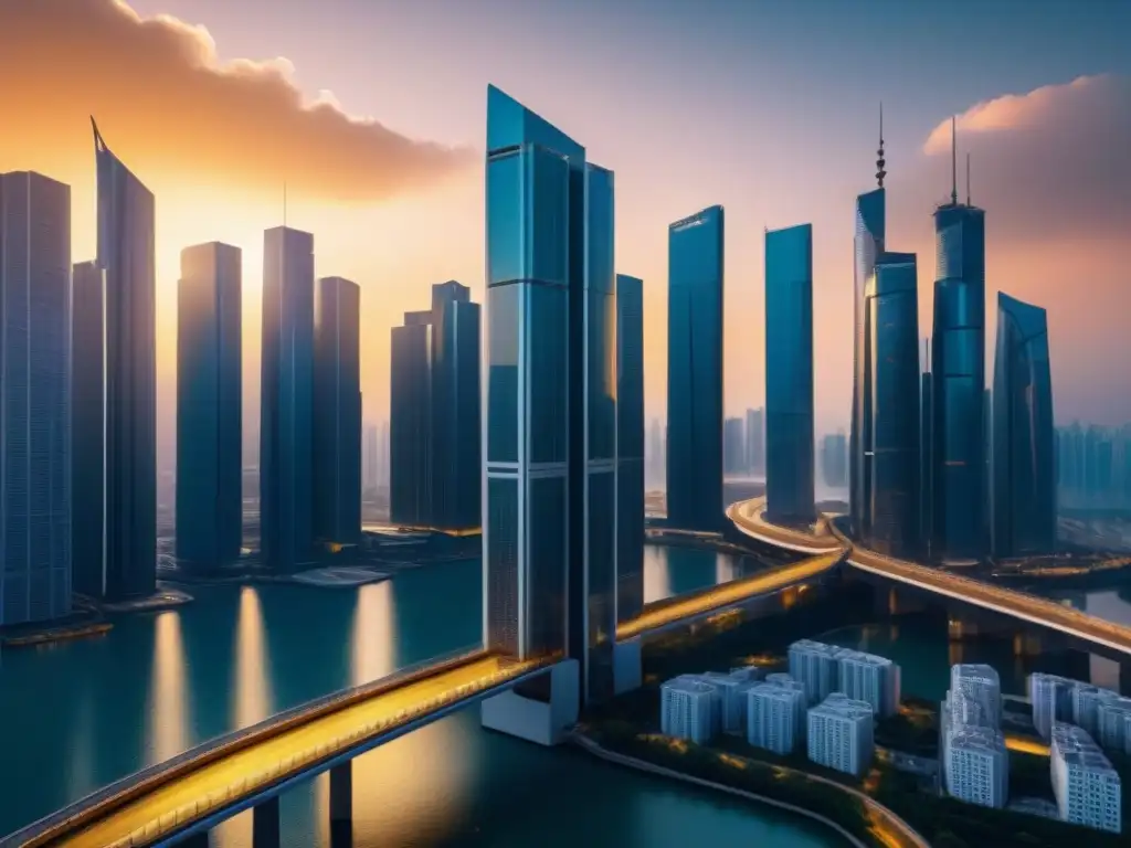 Metrópolis futurista: impacto global de fluctuaciones monetarias Vibrante ciudad futurista con rascacielos reflejando luz dorada del atardecer, simboliza mercado inmobiliario global y fluctuaciones cambiarias