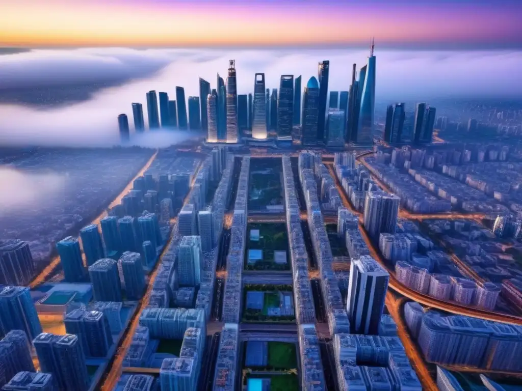 Metrópolis futurista: arquitectura innovadora en un mundo globalizado Vibrante ciudad futurista con rascacielos innovadores y materiales sostenibles