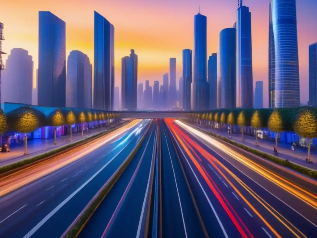 Futurismo dorado: ciudad avanzada y sofisticada Vibrante ciudad futurista con rascacielos reflectantes iluminados por un atardecer dorado, reflejando las tendencias mercado inmobiliario global